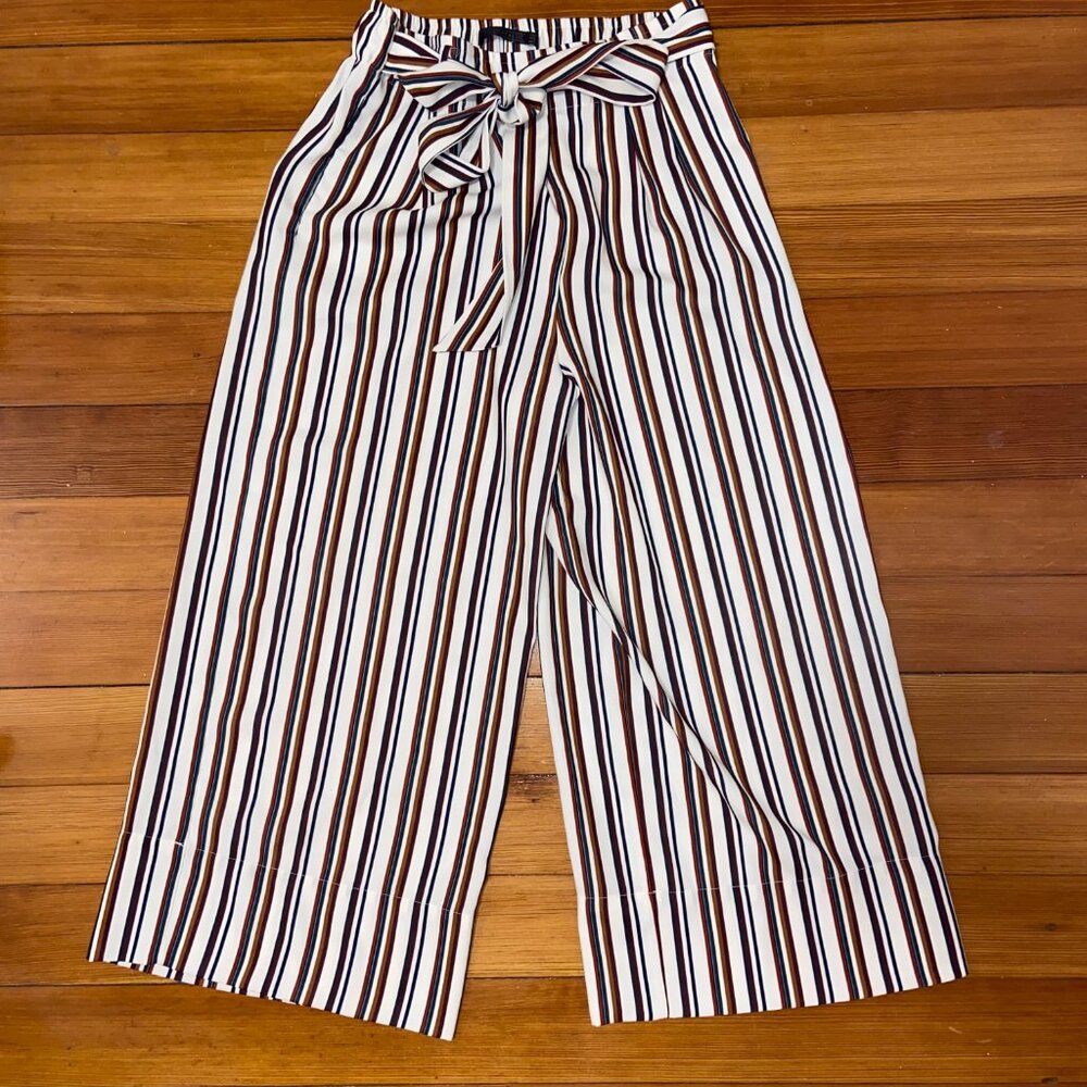 Zara Black And White Stripe Tie Waist Culottes Trousers Size Small